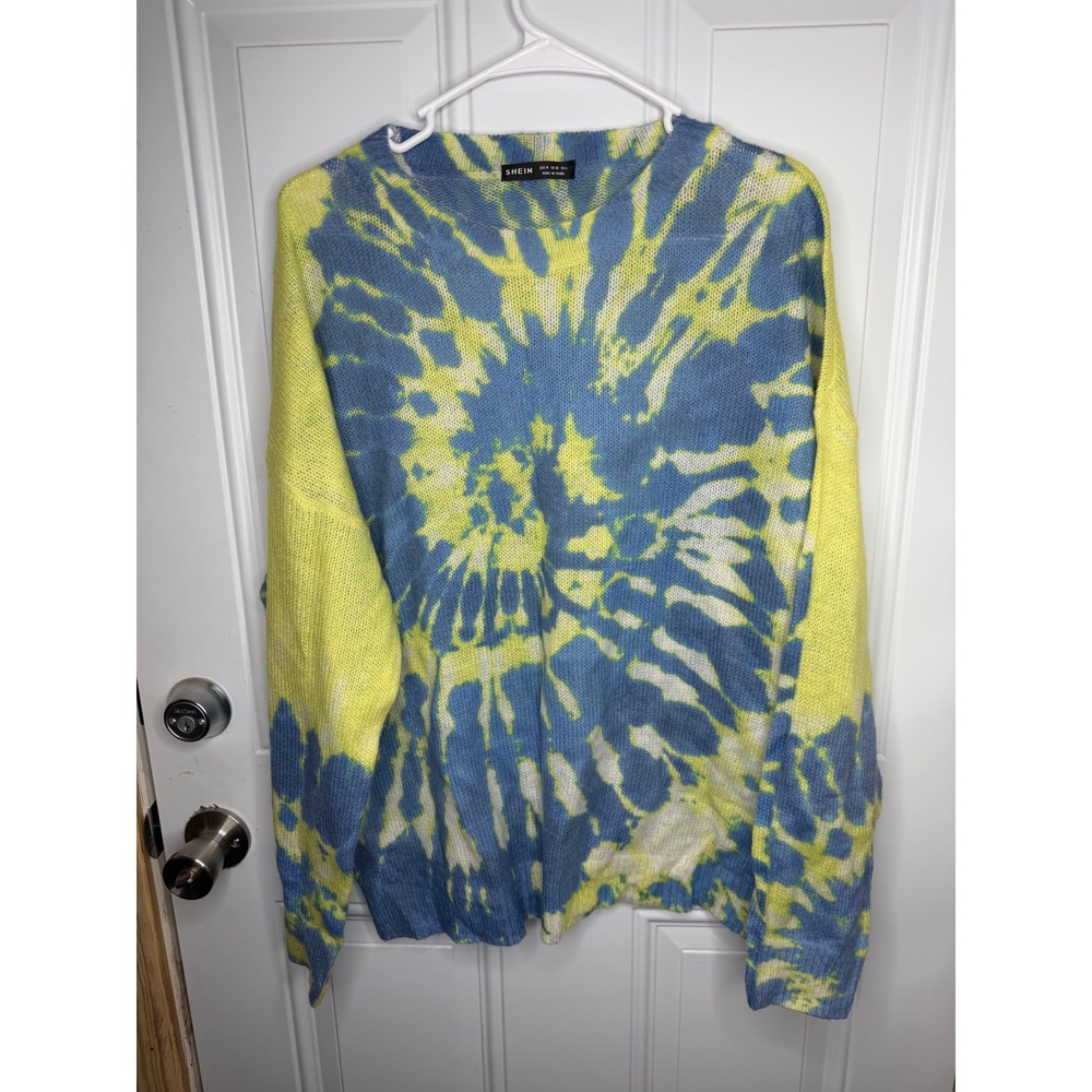 Shein Women Blue Yellow Tie Dye Spiral Knit Sweater Oversized Crew Neck Medium